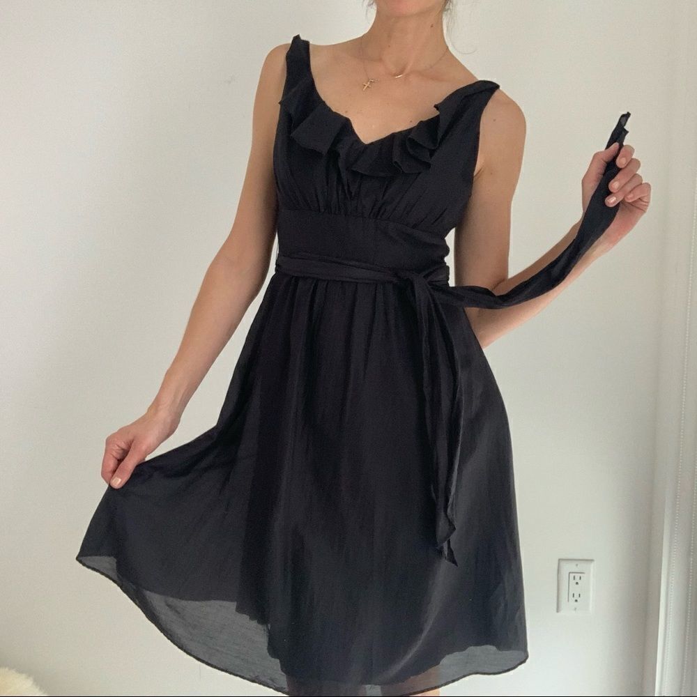 Little black V- neck ruffle , high waist midi dress, silk blend, M
